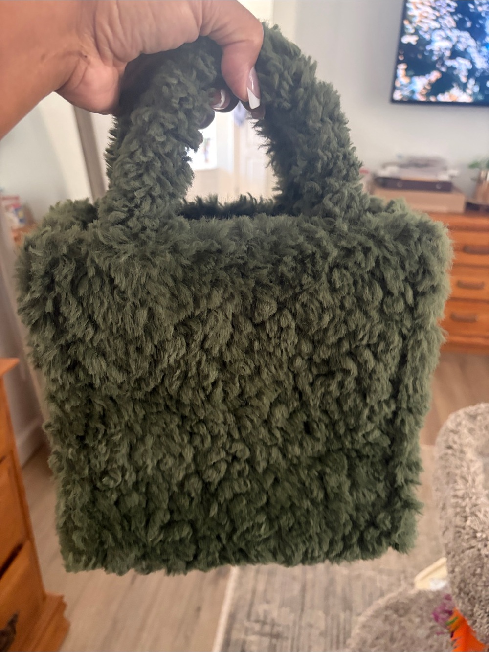 Faux Shearling Tote Bag in Olive Green